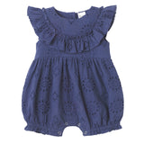 Baby Eyelet Romper Blue Cotton Ruffle One-Piece for Girls