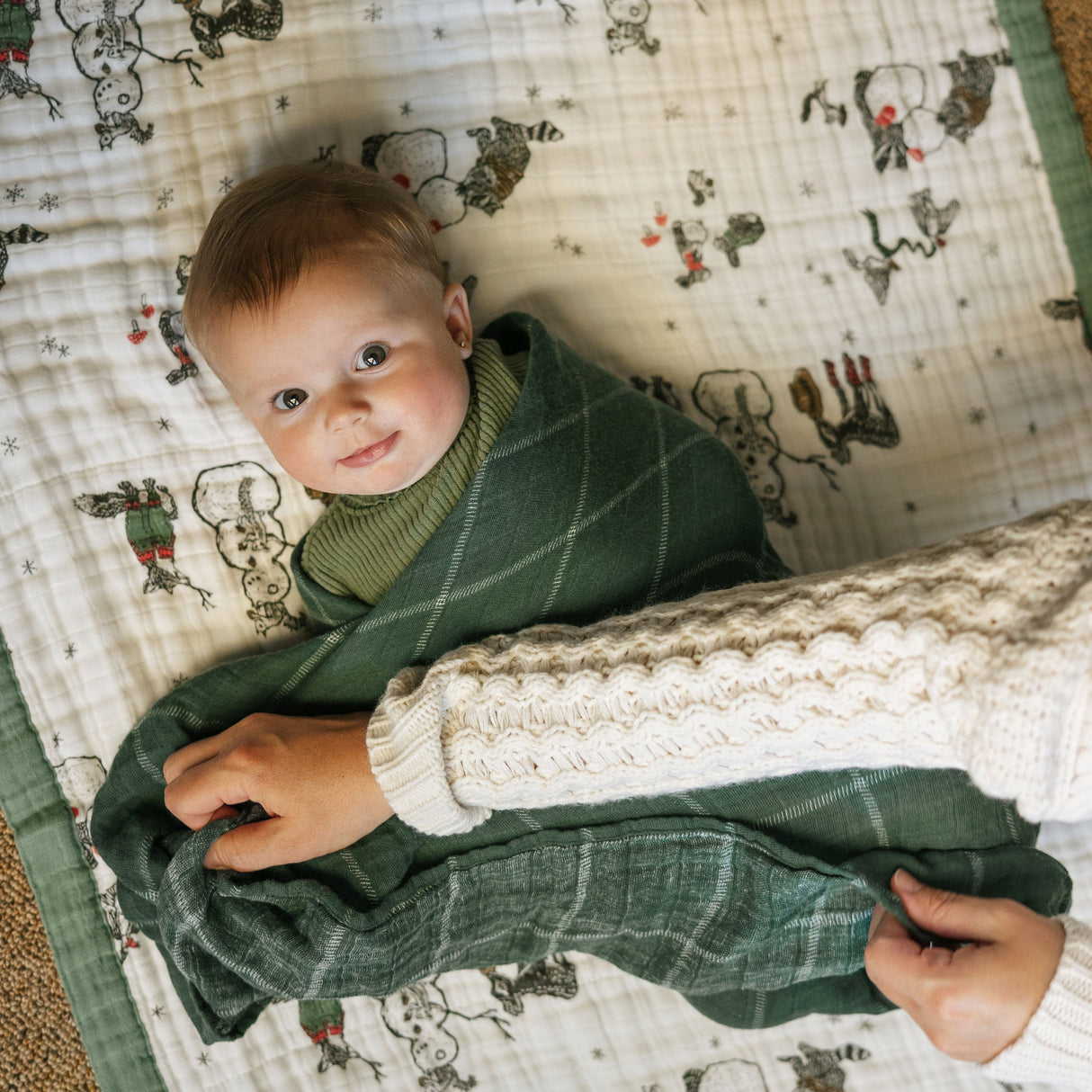 Cotton Muslin Swaddle Blanket - Evergreen Plaid - HoneyBug 