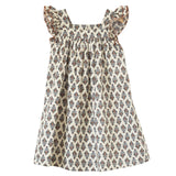 Girls Everly Square Neck Dress | Teal and Brown Jewel Handblock - HoneyBug 