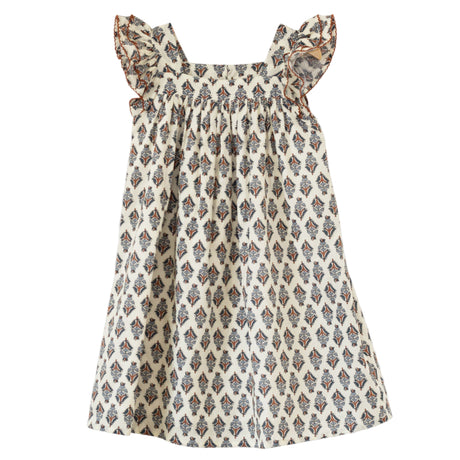 Girls Everly Square Neck Dress | Teal and Brown Jewel Handblock - HoneyBug 