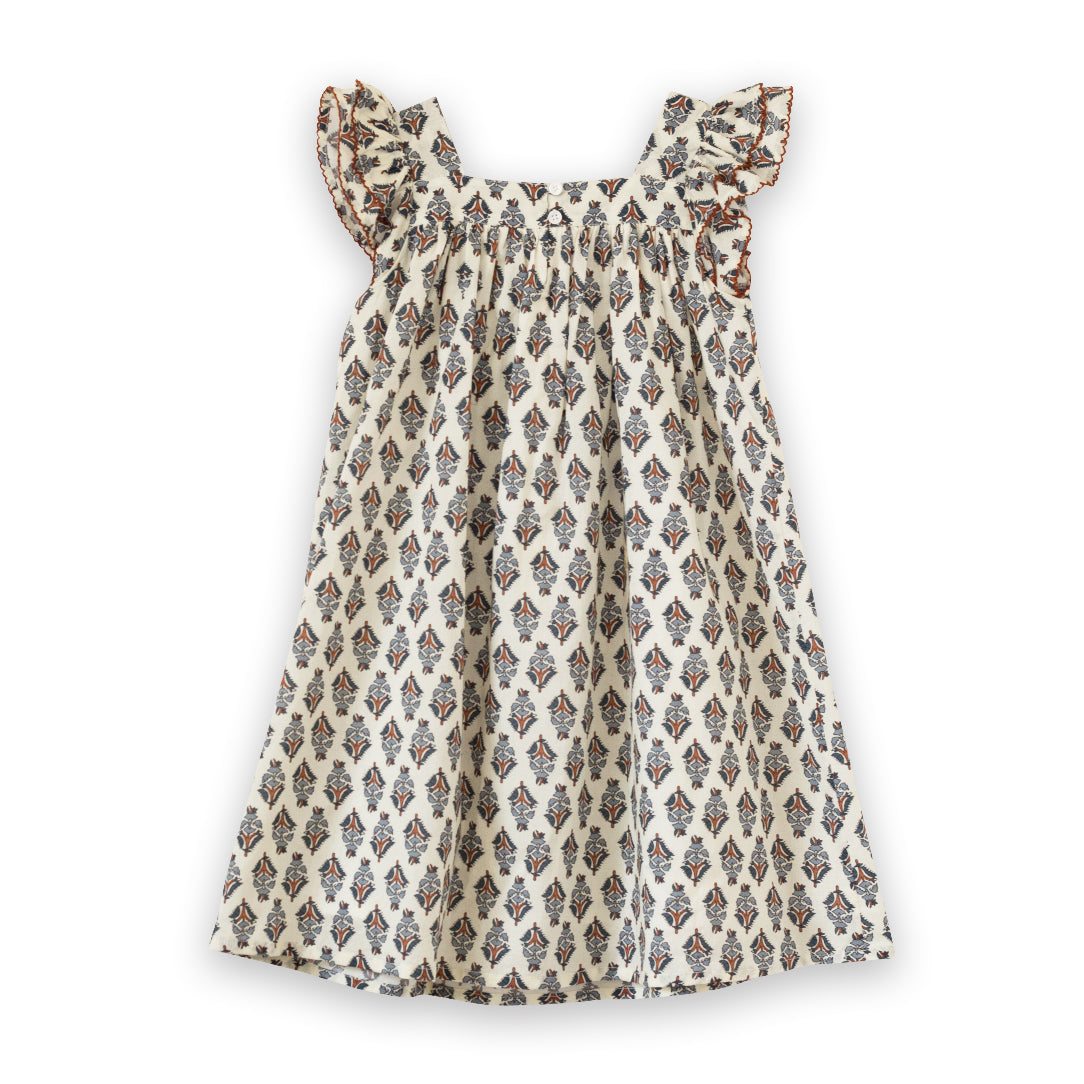 Girls Everly Square Neck Dress | Teal and Brown Jewel Handblock - HoneyBug 