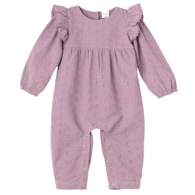 Mauve Eyelet Girls Romper – Embroidered Cotton Ruffle Sleeve - HoneyBug 