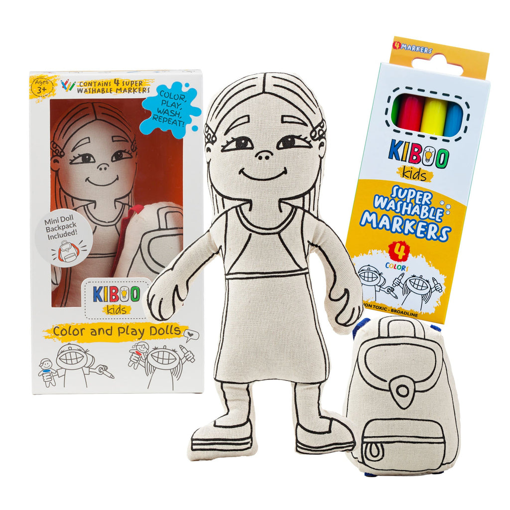 Kiboo Kids: Girl with Long Hair - Colorable and Washable Doll for Creative Play - HoneyBug 