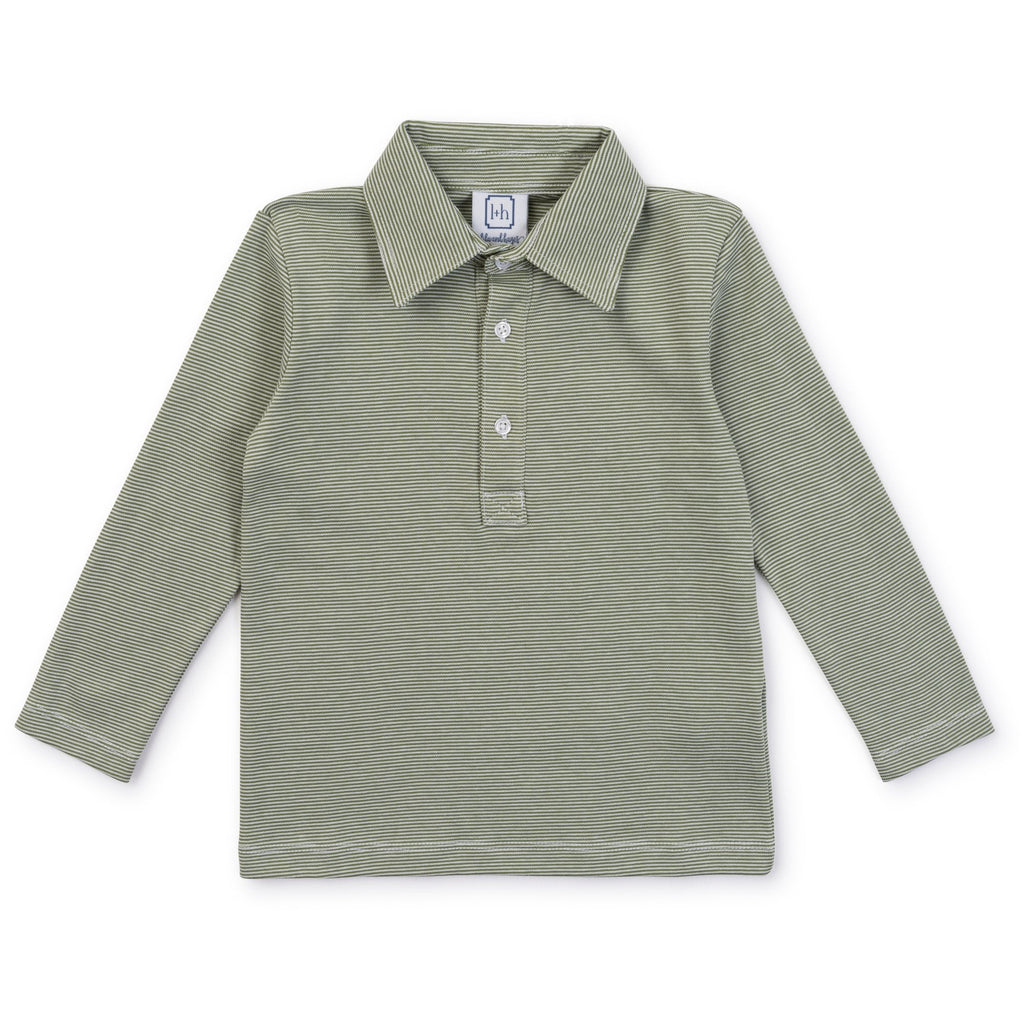 Finn Pima Cotton Long Sleeve Polo Golf Shirt for Boys- Green Stripes - HoneyBug 