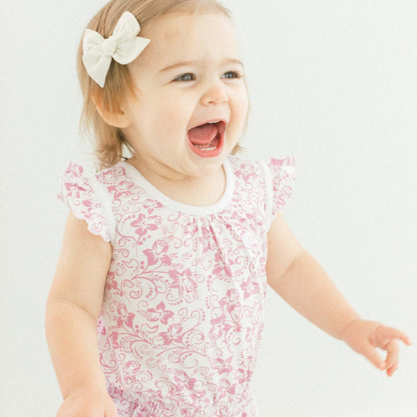 Tie Romper - Daffodil - Hot Pink on White  100% Pima Cotton by Feather Baby - HoneyBug 