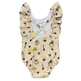 Girl's Ruffle Sleeve Cross Back Swimsuit