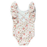 Girl's Ruffle Sleeve Cross Back Swimsuit