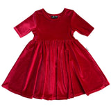 VELVET MID SLEEVE TWIRL- Ruby Red Stretch Velvet Twirl Dress - HoneyBug 