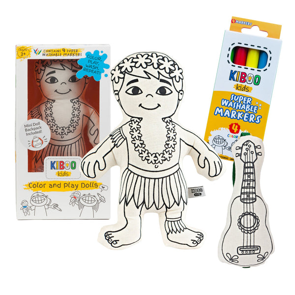 Kiboo Kids: Hula Boy with Mini Ukulele - Colorable and Washable Doll for Creative Play - HoneyBug 