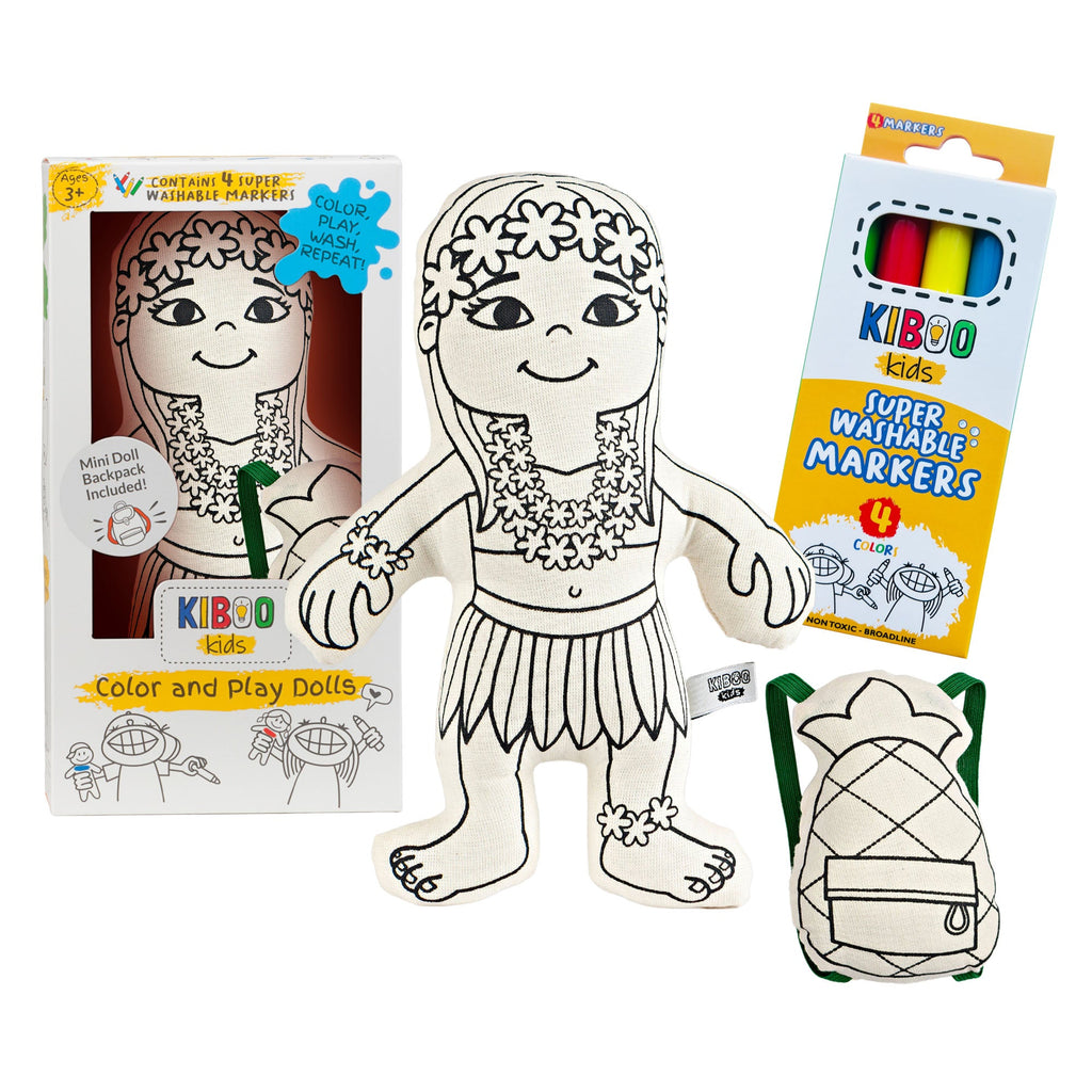 Kiboo Kids: Hula Girl with Mini Pineapple Backpack - Colorable and Washable Doll for Creative Play - HoneyBug 