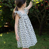 Girls Everly Square Neck Dress | Teal and Brown Jewel Handblock - HoneyBug 