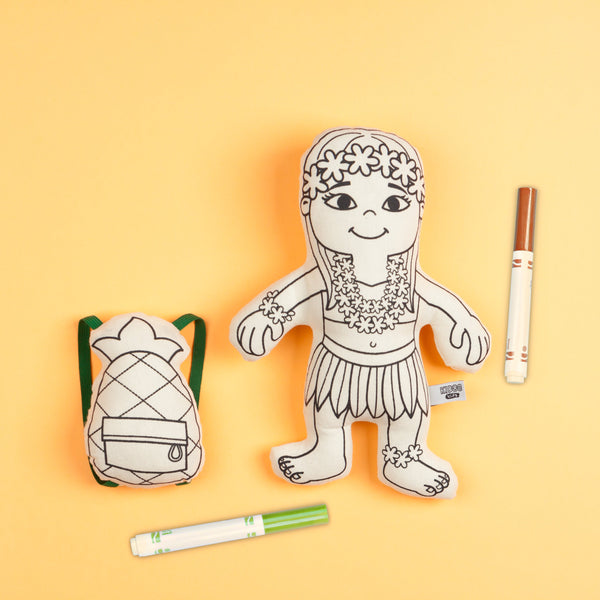 Kiboo Kids: Hula Girl with Mini Pineapple Backpack - Colorable and Washable Doll for Creative Play - HoneyBug 