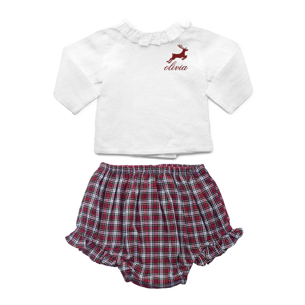 Gift Set Double Button Frill Blouse and Tartan Frill  Bloomer Holiday Set with Monogram - HoneyBug 