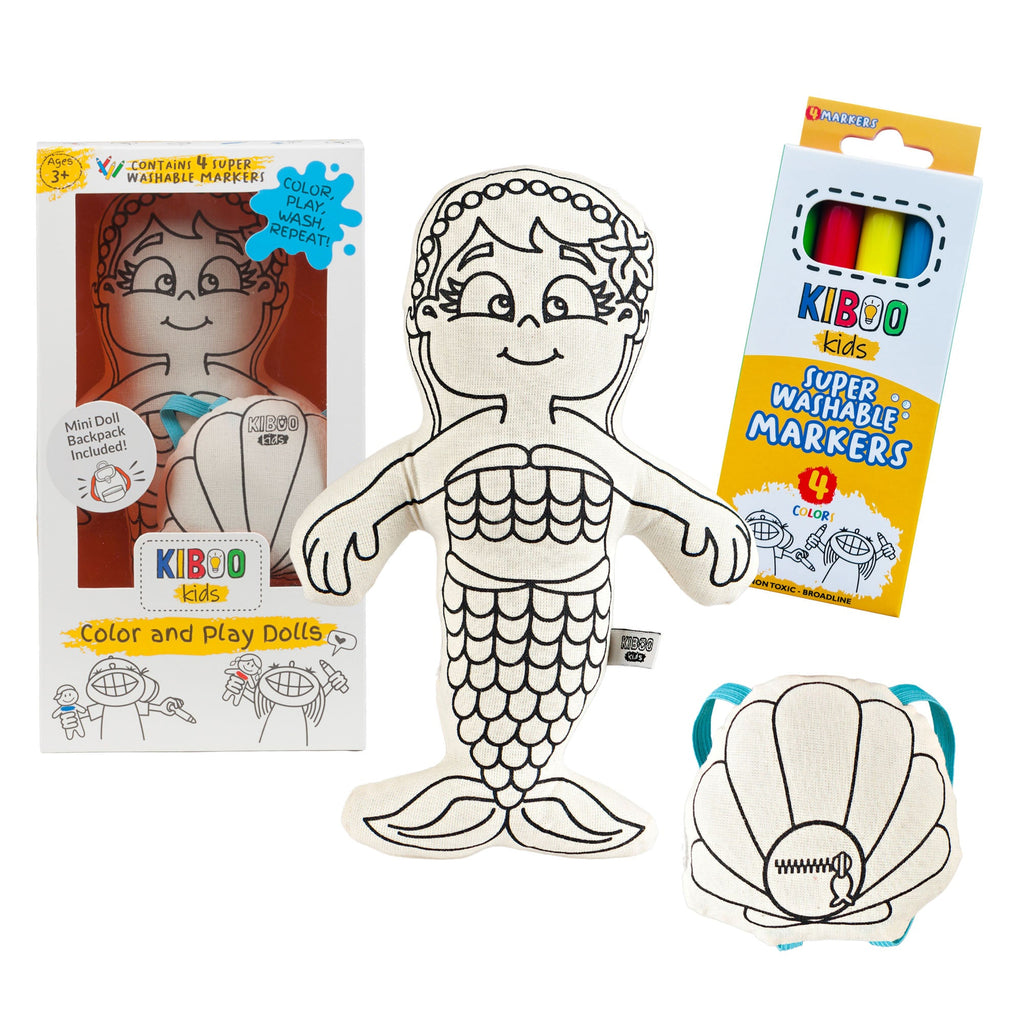 Kiboo Kids: Mermaid with Mini Shell Backpack - Colorable and Washable Doll for Creative Play - HoneyBug 