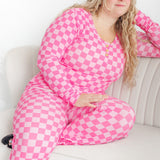 WOMEN'S PAJAMA SET- Pink Check Ribbed - HoneyBug 