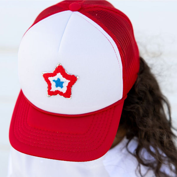 Patriotic Star Patch Trucker Hat - Red/White - HoneyBug 