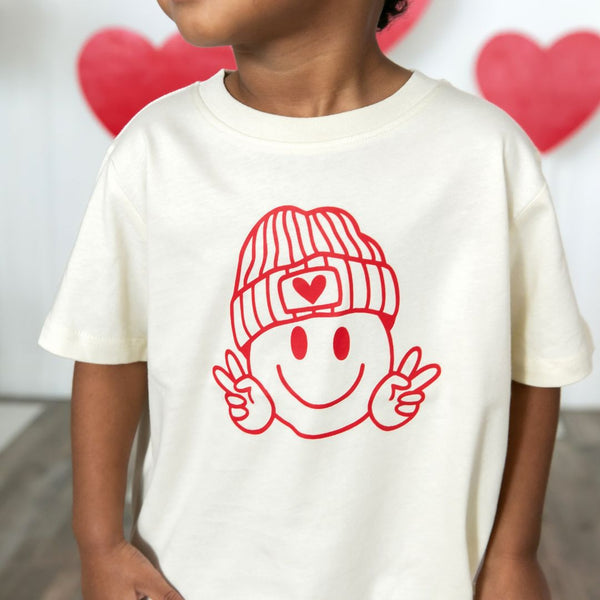 Peace, Love, Smile Valentine's Day Short Sleeve T-Shirt - Natural - HoneyBug 
