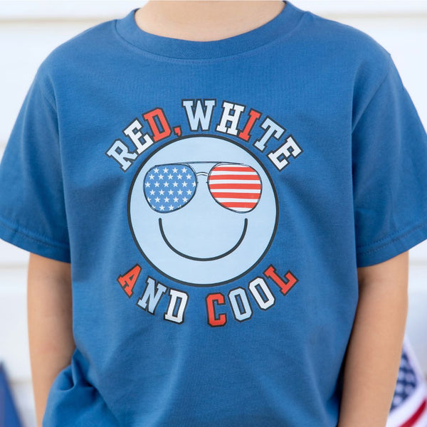 Red, White, and Cool Patriotic Smiley Short Sleeve T-Shirt - Indigo - HoneyBug 