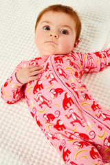 Soft & Stretchy Zipper Footie - Monkeying Around Pink - HoneyBug 
