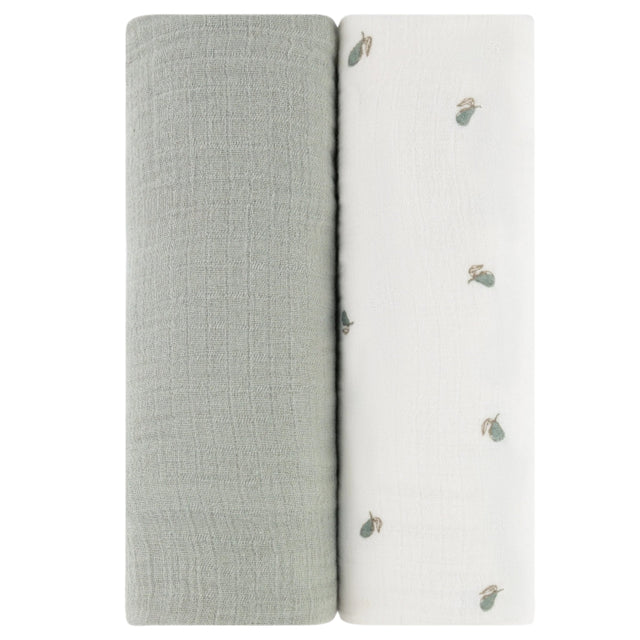2 Pack Cotton Muslin Swaddle Blanket - Sage Pear & Solid Sage - HoneyBug 