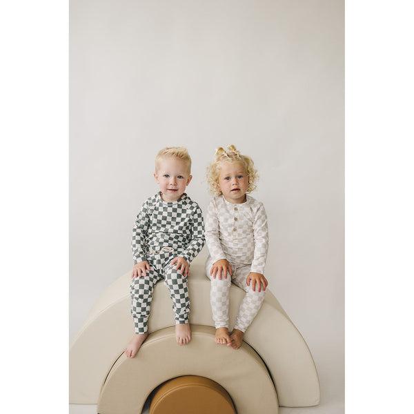 Taupe Checkered Two-piece Button Set - HoneyBug 