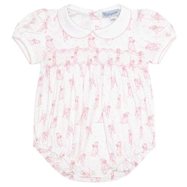 Pink Puppy Love Print Smocked Bubble - HoneyBug 
