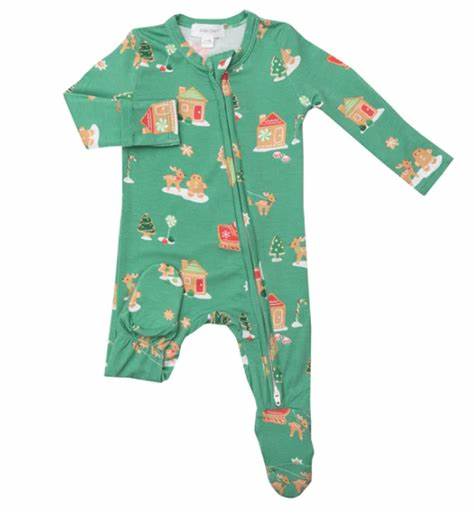 Zipper Footie - Gingerbread Sleigh Green - HoneyBug 