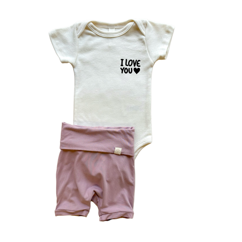 I Love You Heart | Bamboo Fold Over Shorties and Organic Cotton Bodysuit Set | Periwinkle - HoneyBug 