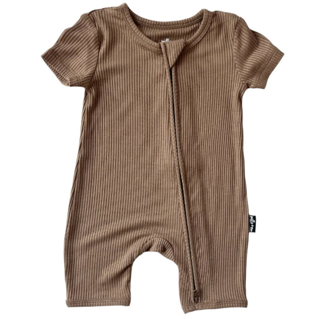 SHORTIE ZIP ROMPER - Mocha Ribbed - HoneyBug 