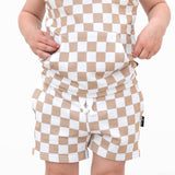 BAMBOO JOGGER SHORTS- Tan Check - HoneyBug 