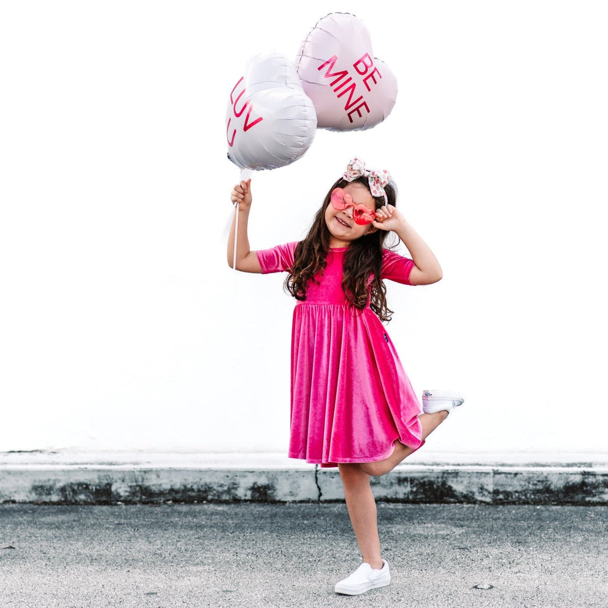 VELVET MID SLEEVE TWIRL- Pink Opal (Hot Pink) Stretch Velvet Twirl Dress - HoneyBug 