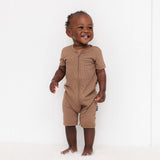 SHORTIE ZIP ROMPER - Mocha Ribbed - HoneyBug 
