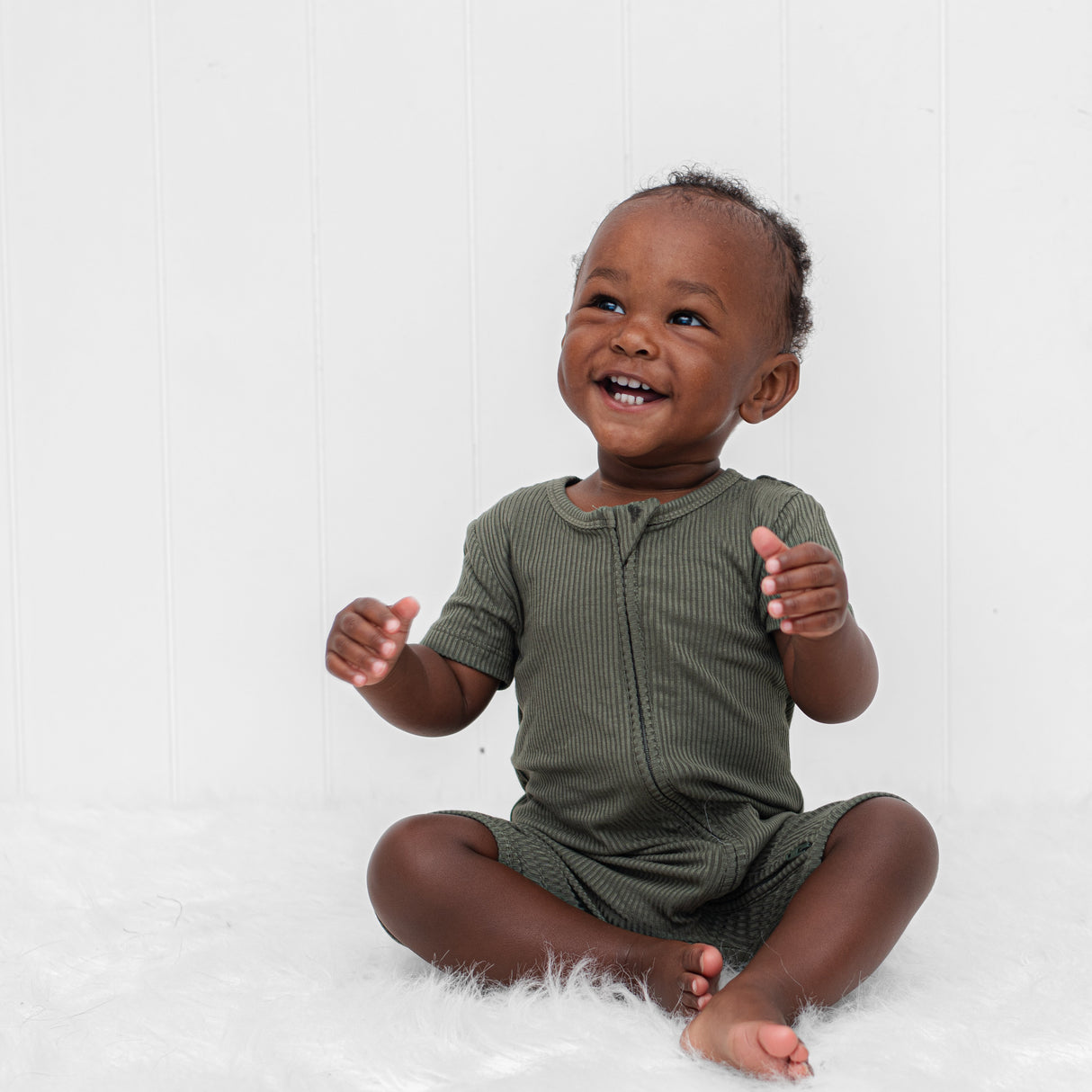 SHORTIE ZIP ROMPER - Moss Ribbed - HoneyBug 