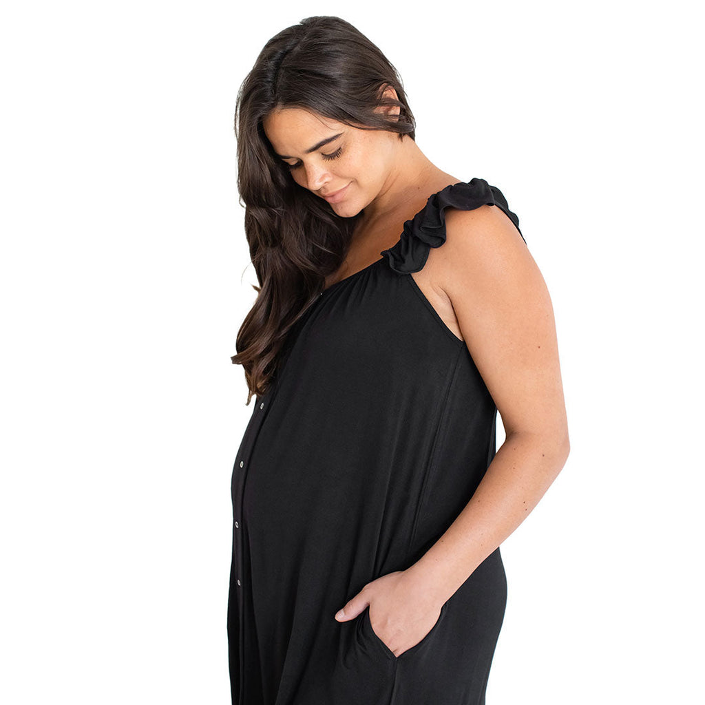 Ruffle Strap Labor & Delivery Gown | Black - HoneyBug 