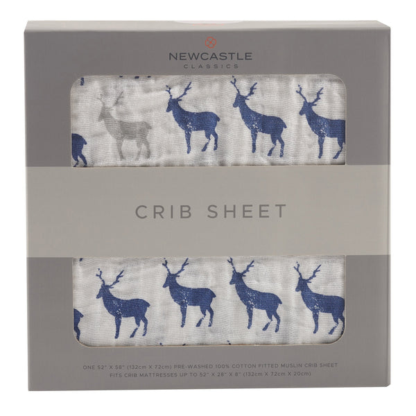 Blue Deer Cotton Muslin Crib Sheet - HoneyBug 
