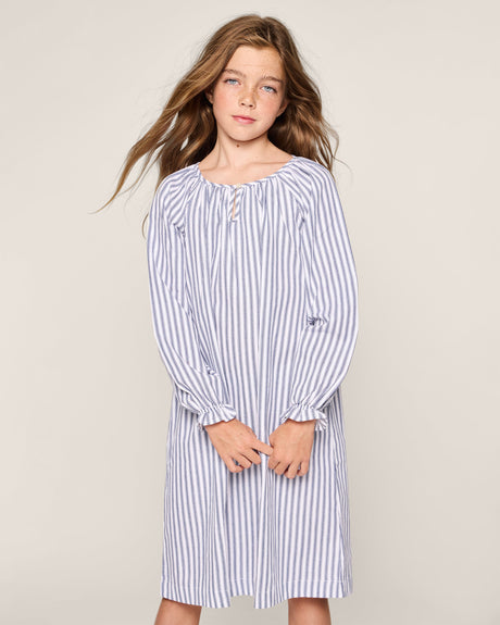 Girl's Twill Delphine Nightgown in Navy French Ticking - HoneyBug 
