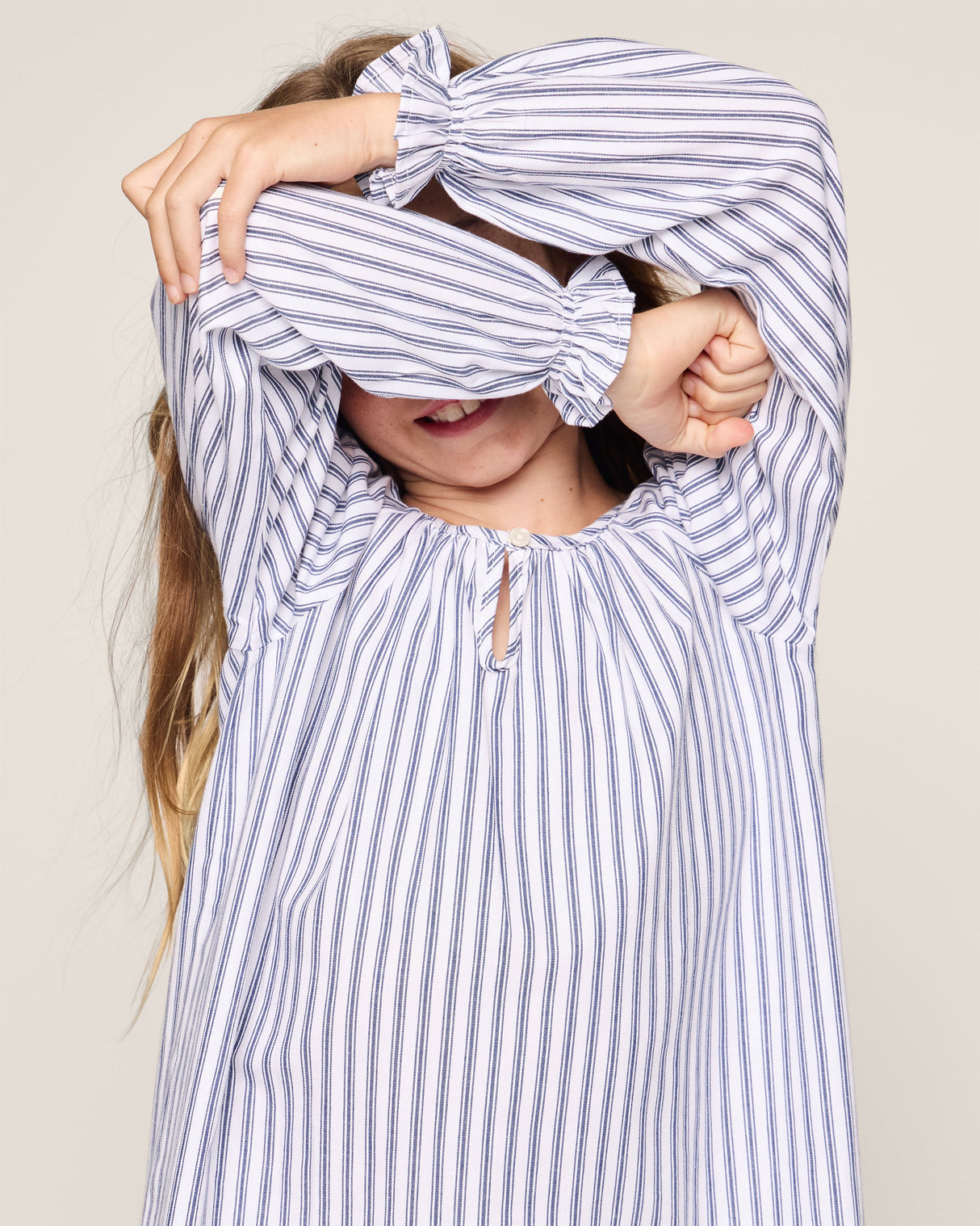 Girl's Twill Delphine Nightgown in Navy French Ticking - HoneyBug 