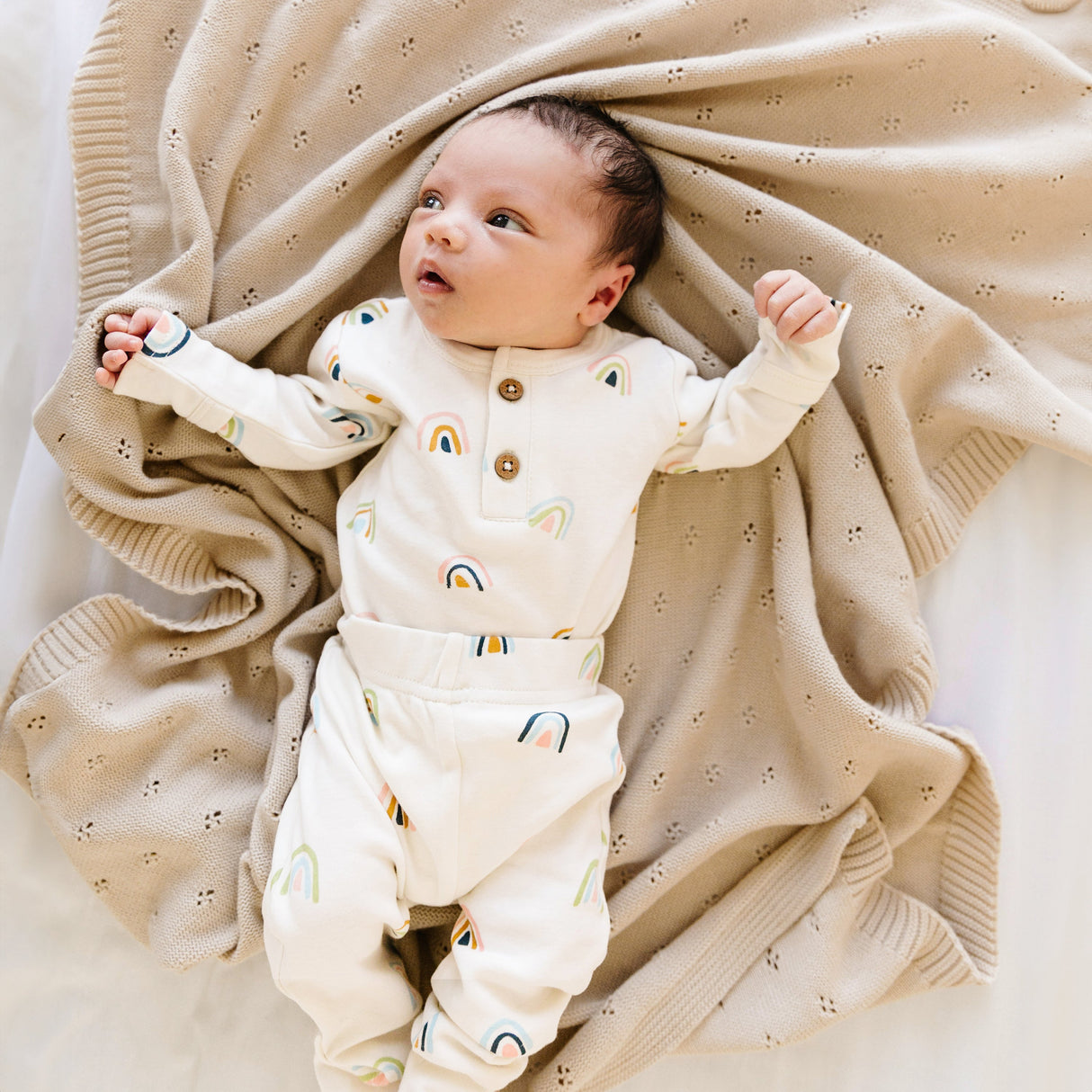 Organic Cotton Pointelle Baby Blanket - Sand - HoneyBug 