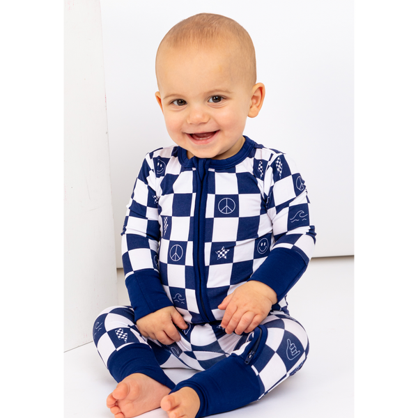 Footless Zip Romper - Check It Out - Blue - HoneyBug 