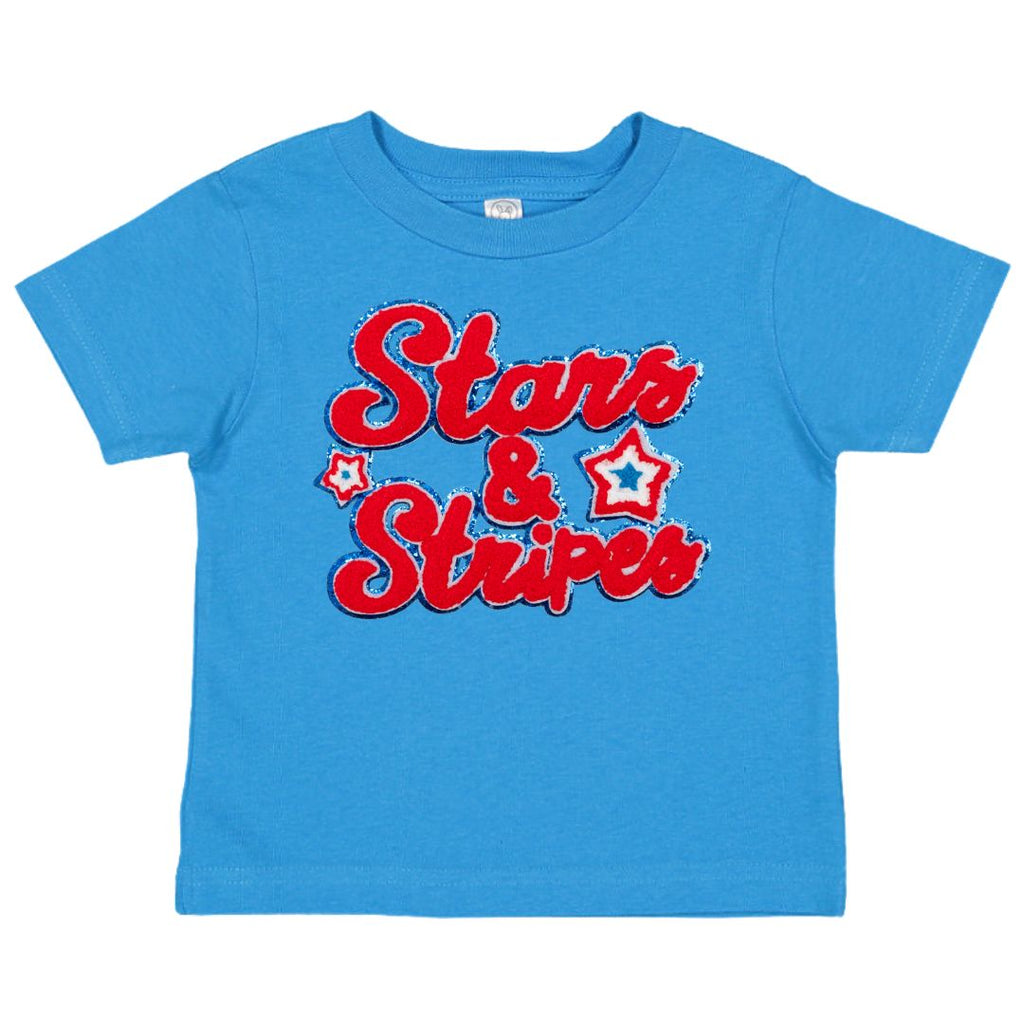 Stars and Stripes Patch Short Sleeve T-Shirt - Mid-Blue - HoneyBug 