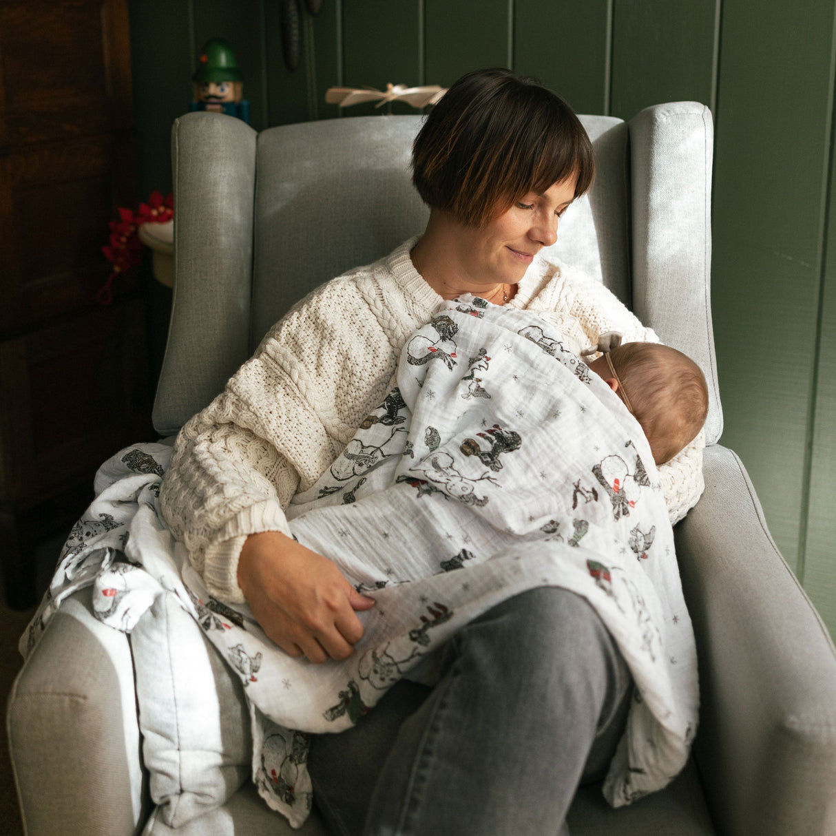 Cotton Muslin Swaddle Blanket - Snow Day - HoneyBug 