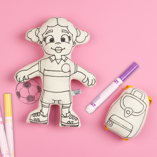 Kiboo Kids Soccer Series: Soccer Girl with Pigtails Doll - Colorable and Washable for Creative Play - HoneyBug 