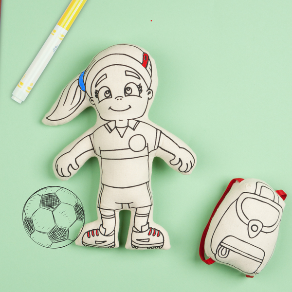 Kiboo Kids Soccer Series: Soccer Girl with Ponytail Doll - Colorable and Washable for Creative Play - HoneyBug 