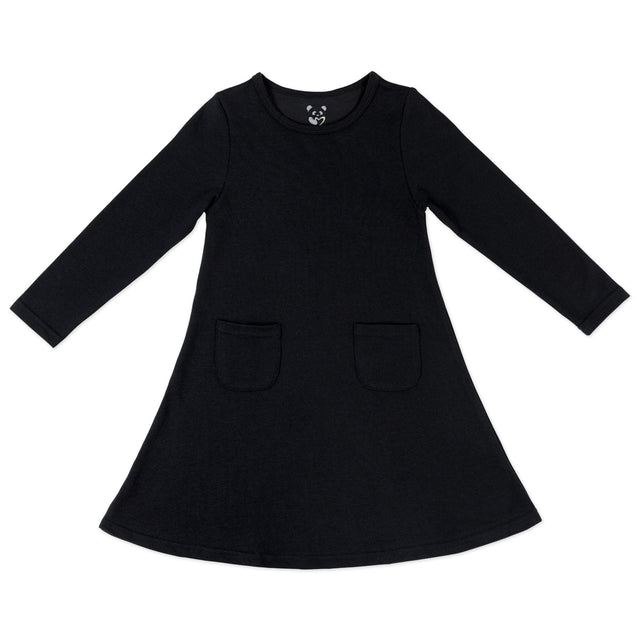 Obsidian Black Bamboo Terry Daywear Girls' Long Sleeve Dress - HoneyBug 