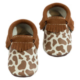 Suede Cow Print Moccasin Baby Shoe - HoneyBug 