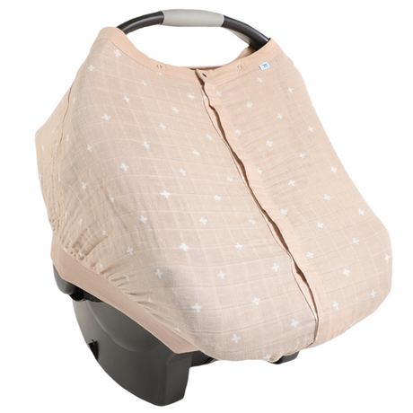 Cotton Muslin Car Seat Canopy - Taupe Cross - HoneyBug 