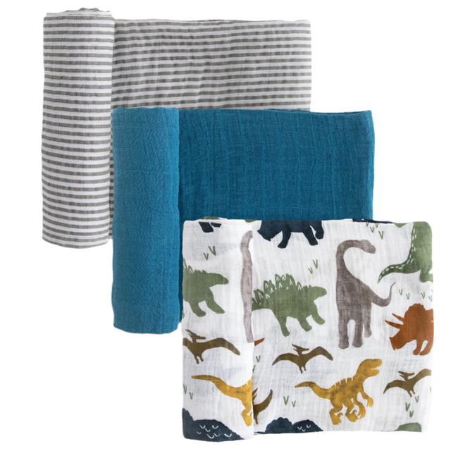 Cotton Muslin Swaddle Blanket 3 Pack - Dino Friends 2 - HoneyBug 