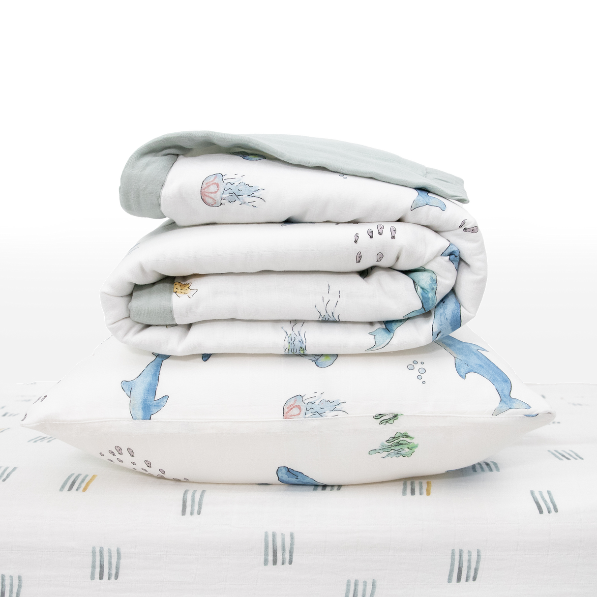 Cotton Muslin Toddler Bedding 3 Piece Set - Whales - HoneyBug 
