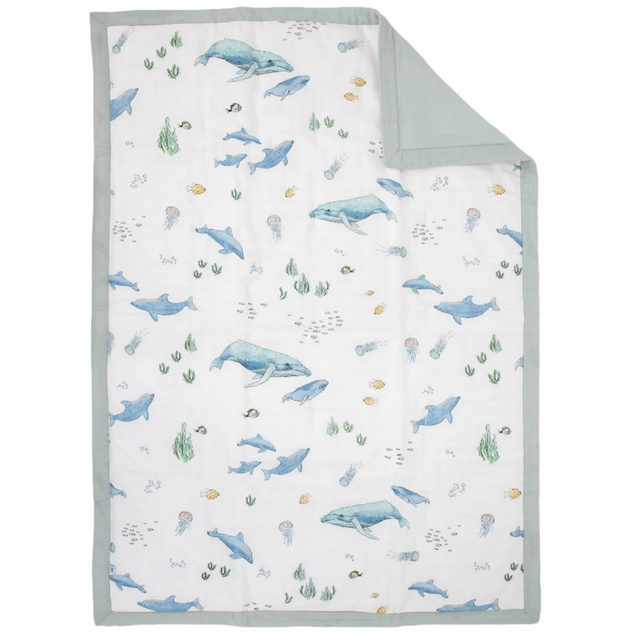 Cotton Muslin Toddler Comforter - Whales - HoneyBug 