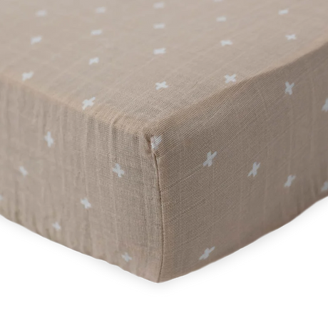 Cotton Muslin Crib Sheet - Taupe Cross - HoneyBug 